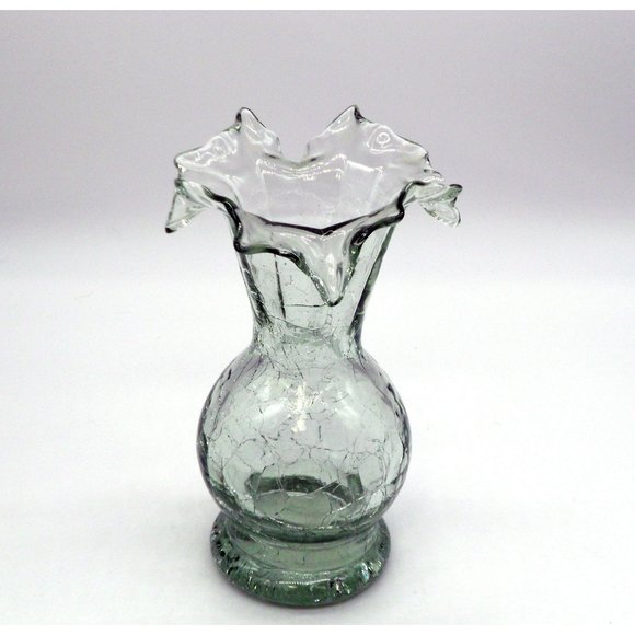 Vintage Smith"s Old Timer Clear Crackle Vase Ozark Art Glass 6.75" Ruffle Top Si - Picture 3 of 7